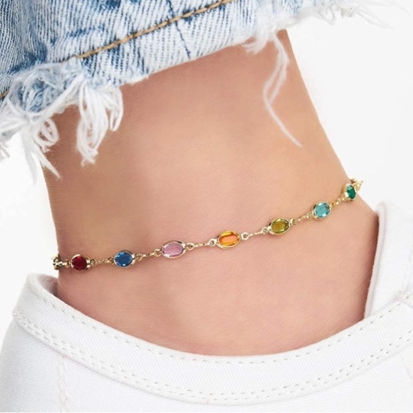 Anklet for Women 18K Gold Plated Women’s Ankle Bracelet Multi Color Crystals - Picture 2 of 4